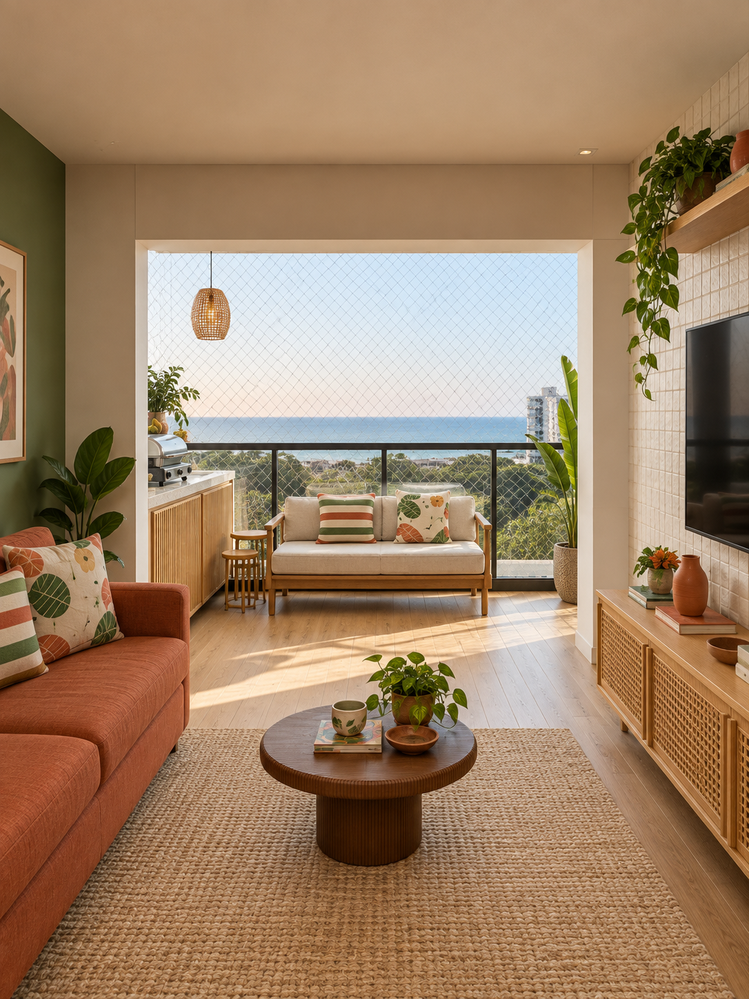 Estudo M2: sala tropical com sofá terracota, parede verde e tecidos botânicos.