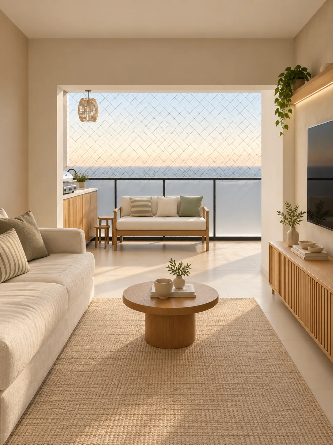 Visualização conceitual do estar do Apartamento 102, com madeira clara, sofá e varanda integrada.